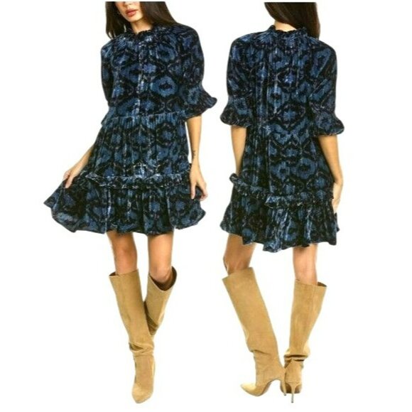 Figue Blue Boho Velvet Burnout Tiered Ruffle Mini Dress Fall Cute Relaxed Fit - Picture 1 of 11